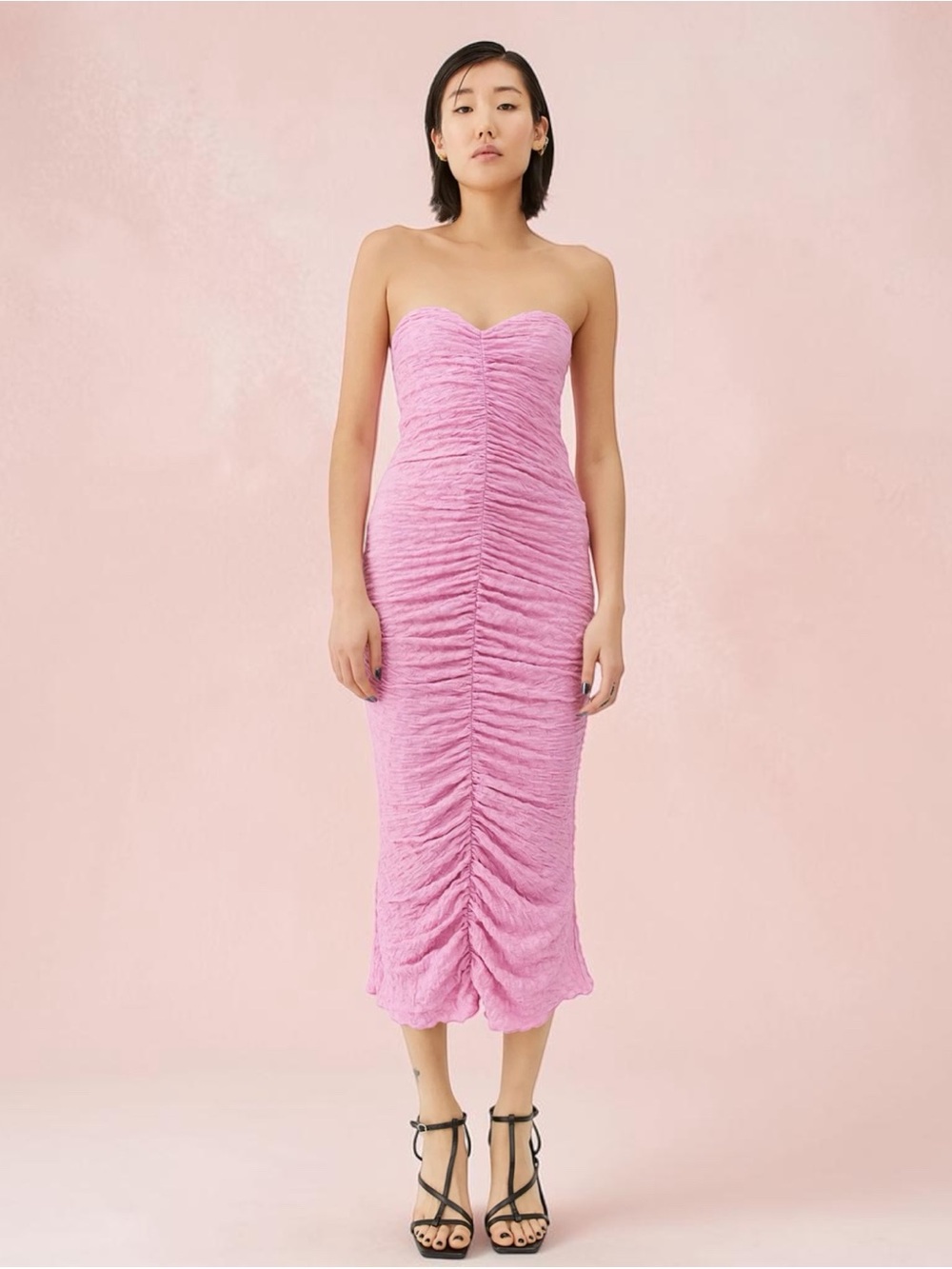Urban Outfitters Nadia Ruched Strapless Midi Body Skim Dress Pink Size Medium